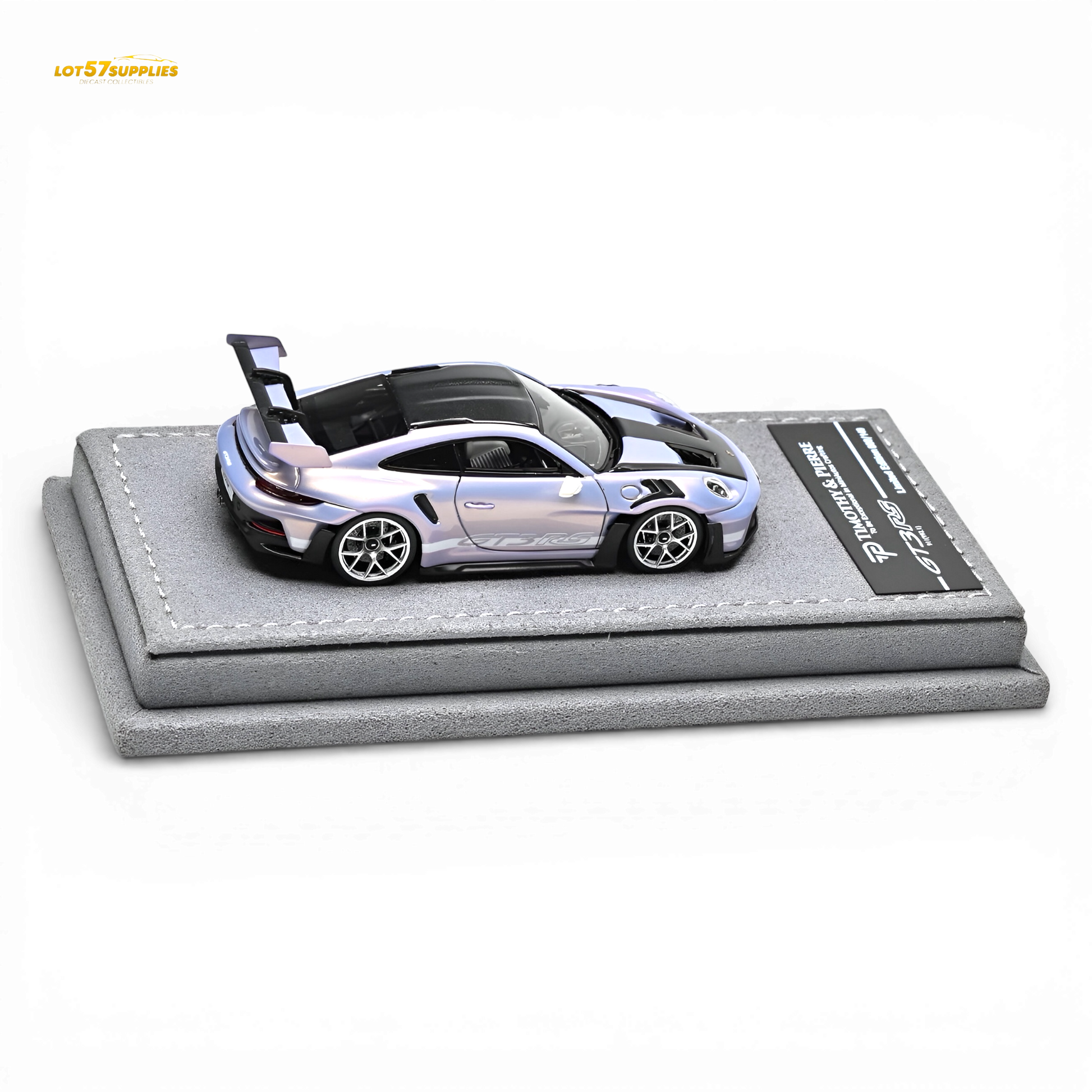 Purple 1:64 scale TP Porsche 911 992 GT3 RS diecast model from Lot57Supplies Diecast Shop, with detailed car design and realistic features.