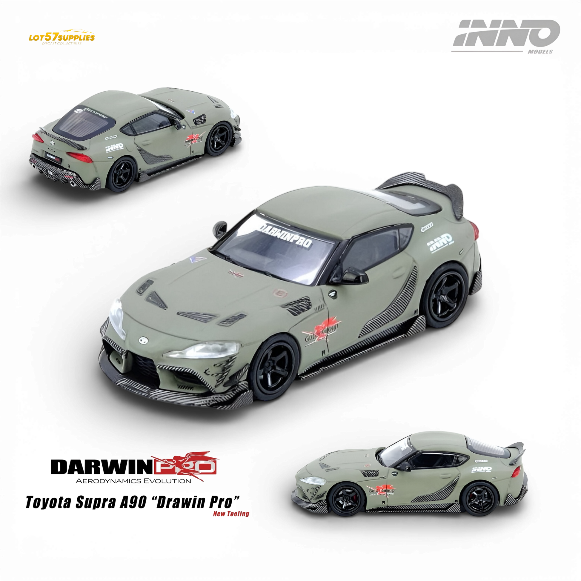 Pre-order INNO64 Toyota Supra A90 Darwin Pro diecast car in matte green, detailed 1:64 scale model with realistic design.