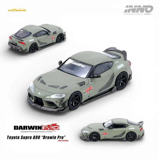 Pre-order INNO64 Toyota Supra A90 Darwin Pro diecast car in matte green, detailed 1:64 scale model with realistic design.