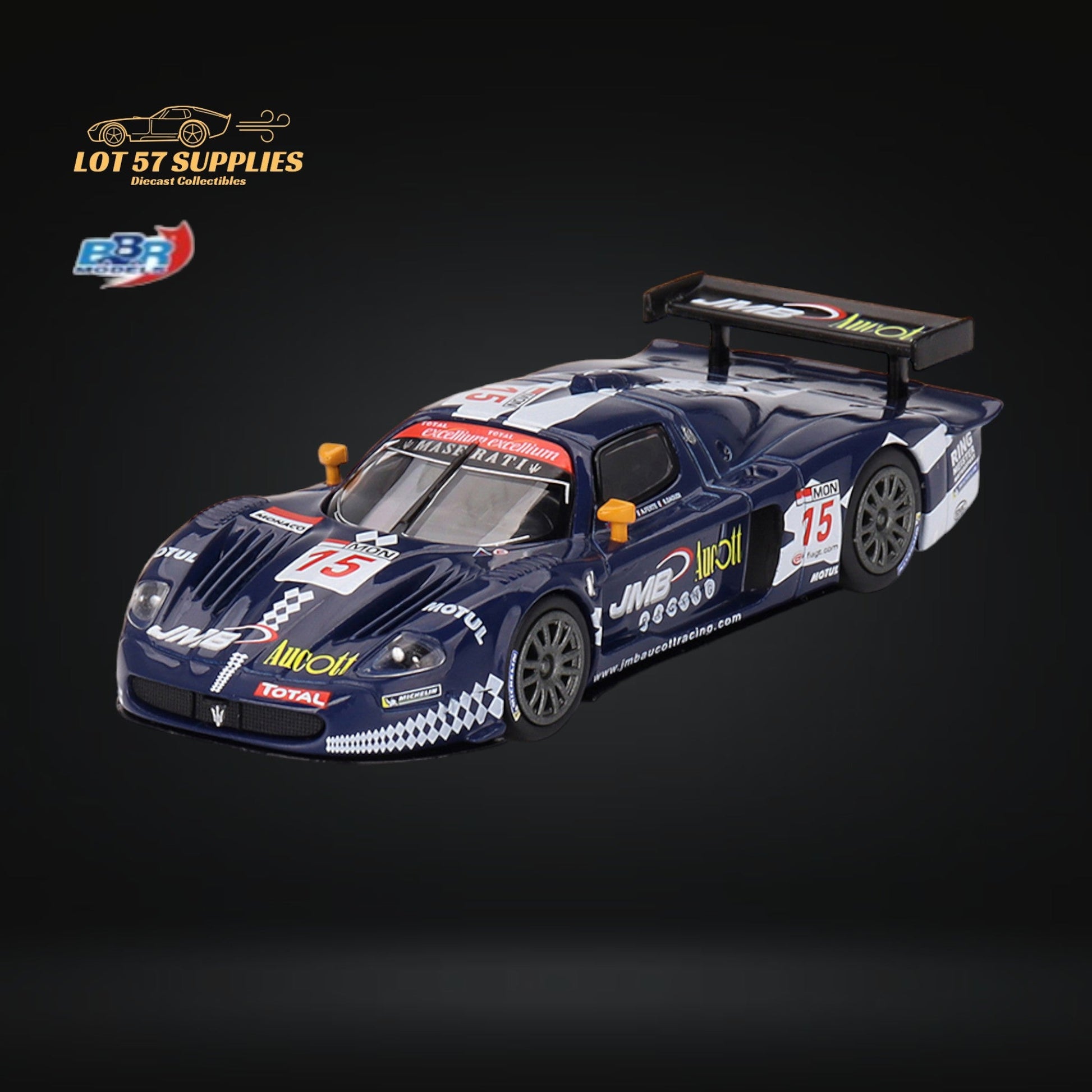 Diecast Maserati MC12 Competizione #15 JMB Racing 2008 FIA 24Hr of Spa model in 1:64 scale, detailed silver race car.