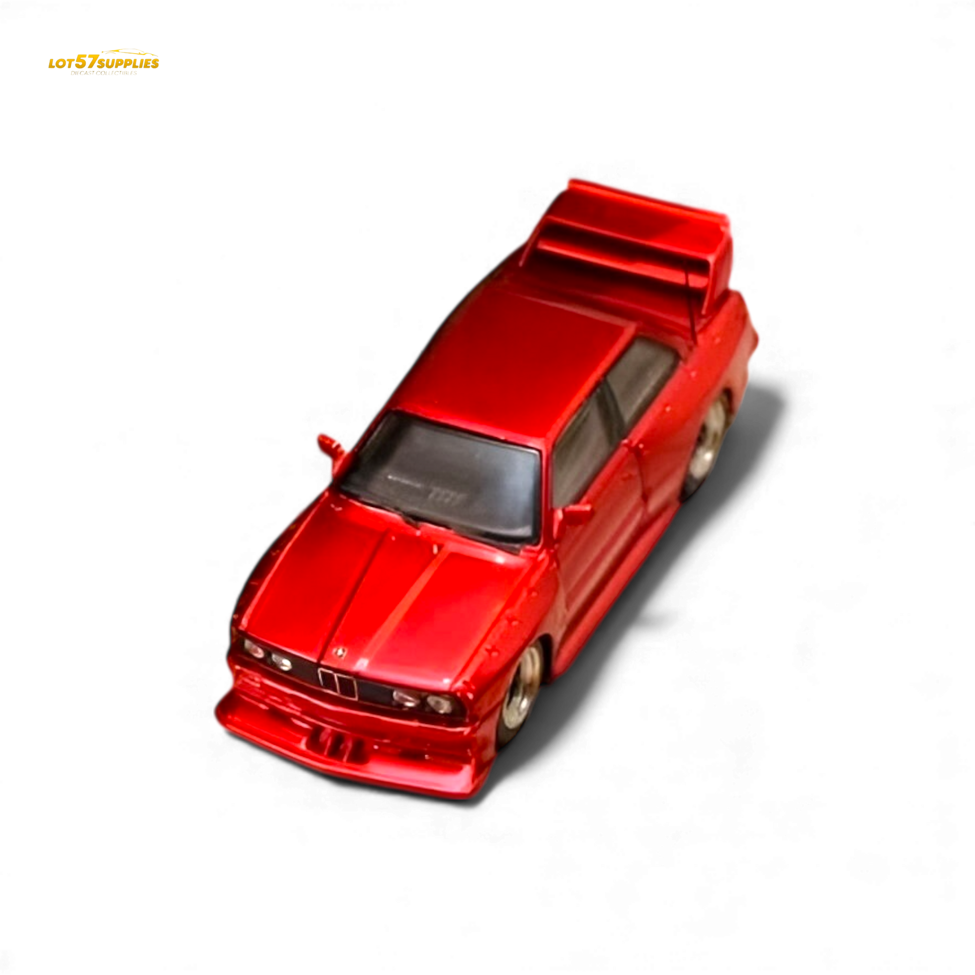 Red SW BMW E30 M3 LTO diecast model car in 1:64 scale with detailed features and sporty design.