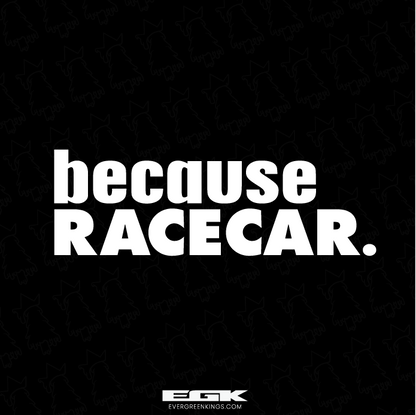Black "Because Racecar" vehicle decal by Evergreen Kings, 5x1.75 inches, designed for car windows and surfaces.