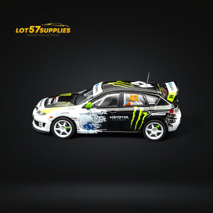 Miniature 1:64 scale Subaru Impreza WRX STI rally car diecast model by Lot57Supplies, detailed black and white design.