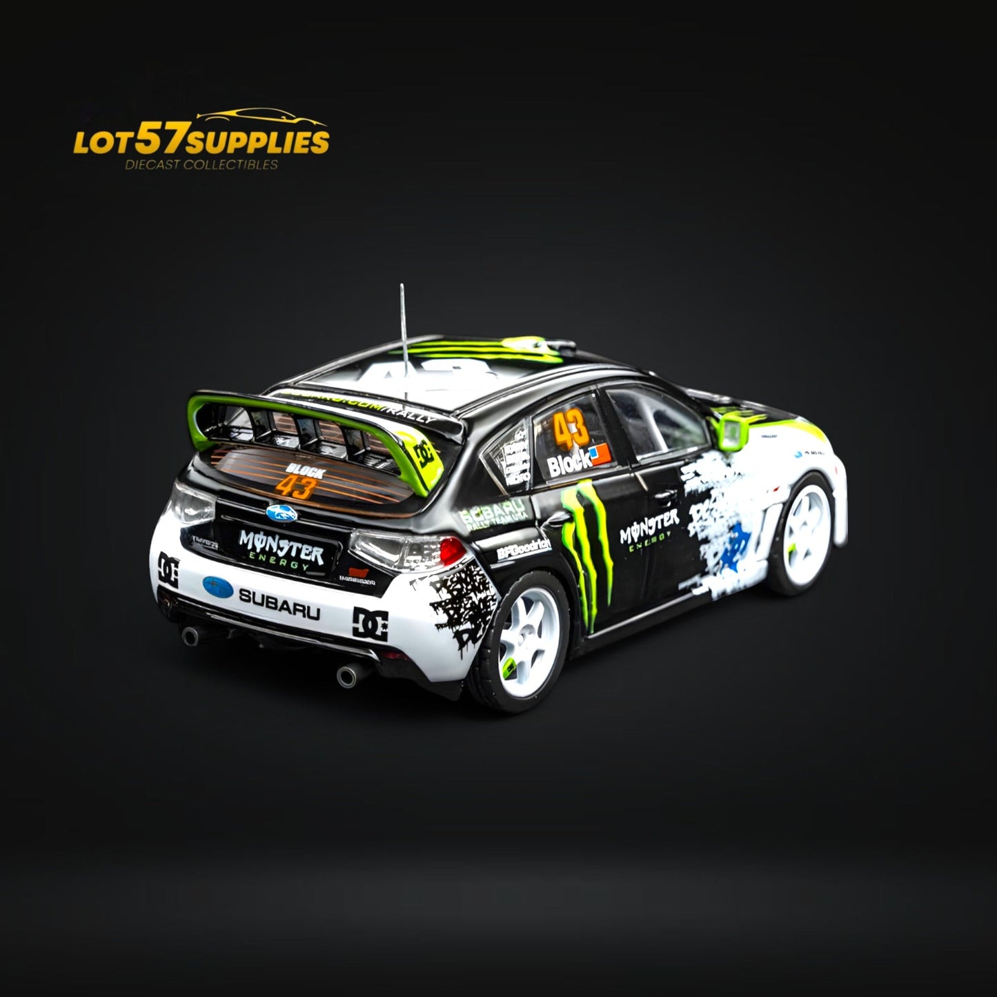 Miniature 2008 Subaru Impreza WRX STI rally car diecast model by Lot57Supplies, detailed 1:64 scale with rally car features.