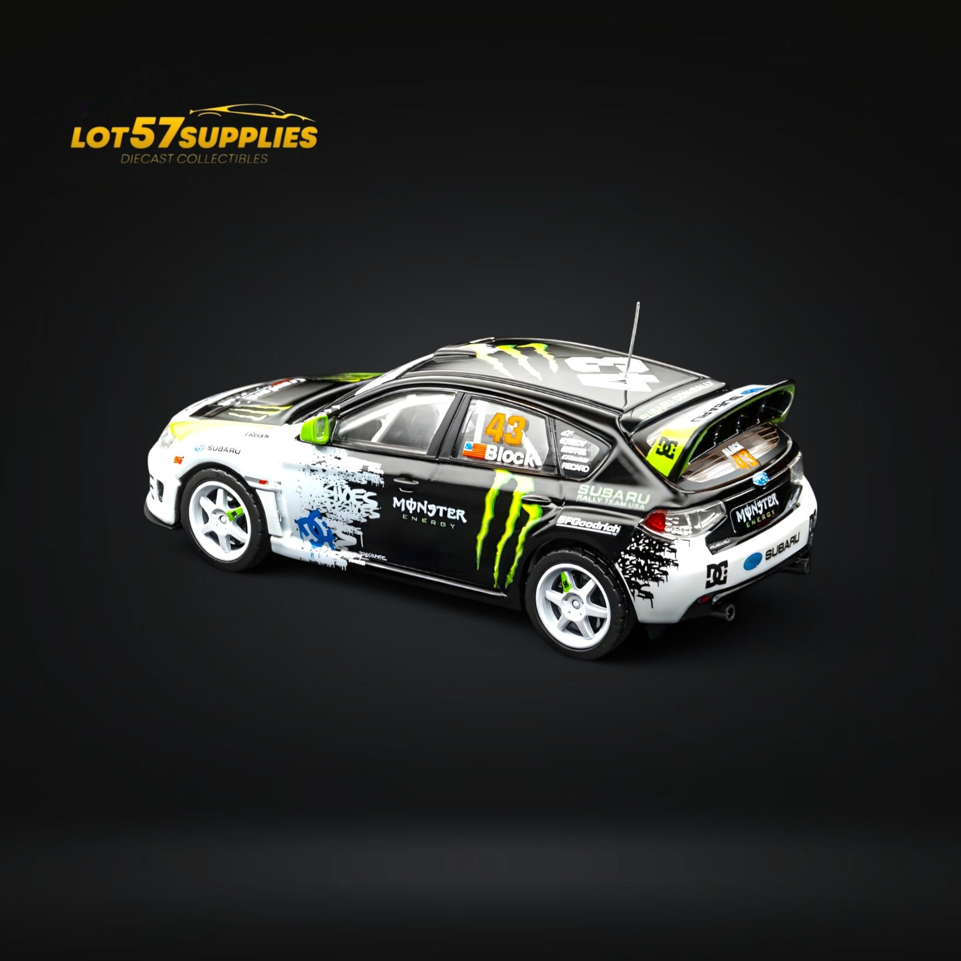 Miniature Subaru Impreza WRX STI rally car diecast model, 1:64 scale, Lot57Supplies Diecast Shop, detailed black and white design