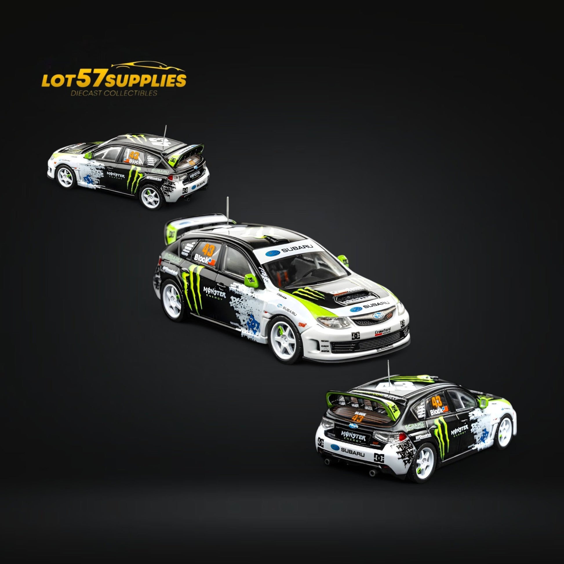 Miniature 1:64 scale Subaru Impreza WRX STI rally car diecast model by Lot57Supplies Diecast Shop, detailed with rally livery.