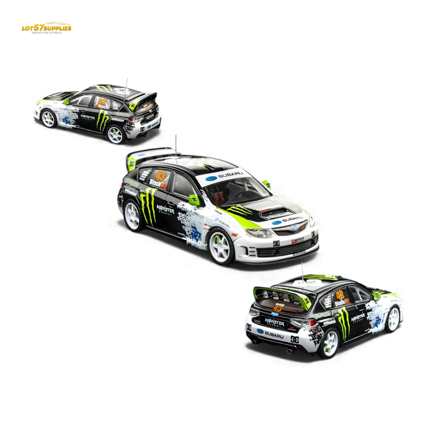 Miniature 2008 Subaru Impreza WRX STI rally car diecast model by Lot57Supplies, detailed 1:64 scale collectible.