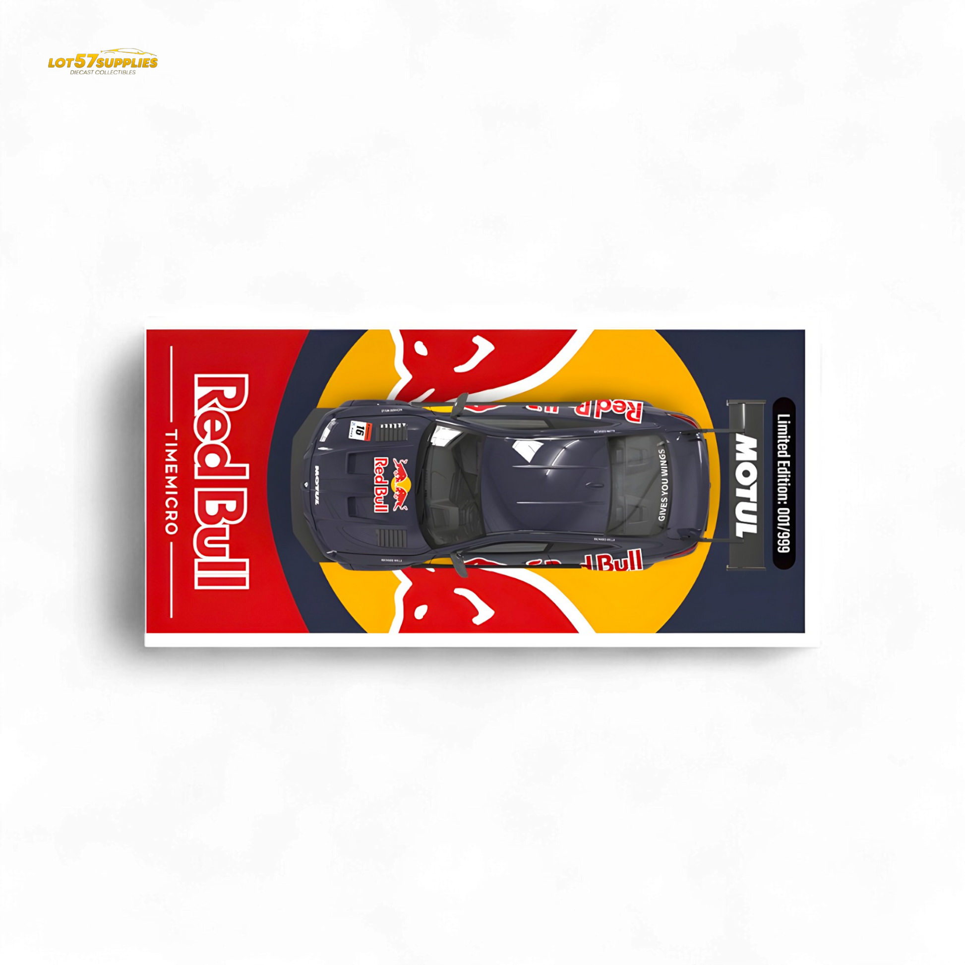 Red BMW M4 diecast model with widebody kit and Red Bull livery, 1:64 scale, featuring detailed design and vibrant colors.