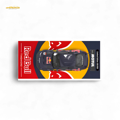 Red BMW M4 diecast model with widebody kit and Red Bull livery, 1:64 scale, featuring detailed design and vibrant colors.