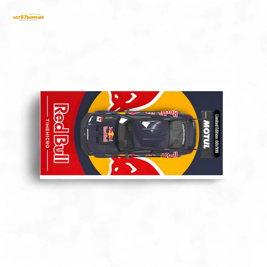 Red BMW M4 diecast model with widebody kit and Red Bull livery, 1:64 scale, featuring detailed design and vibrant colors.