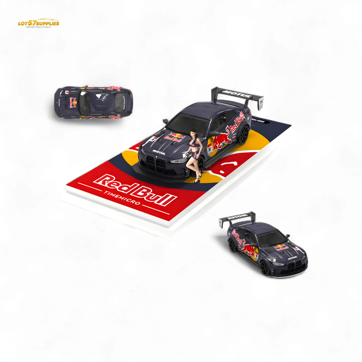 Red Bull BMW M4 diecast model by Lot57Supplies, modified widebody, detailed 1:64 scale collectible vehicle.