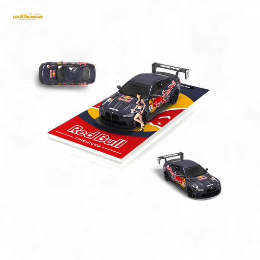 Red Bull BMW M4 diecast model by Lot57Supplies, modified widebody, detailed 1:64 scale collectible vehicle.