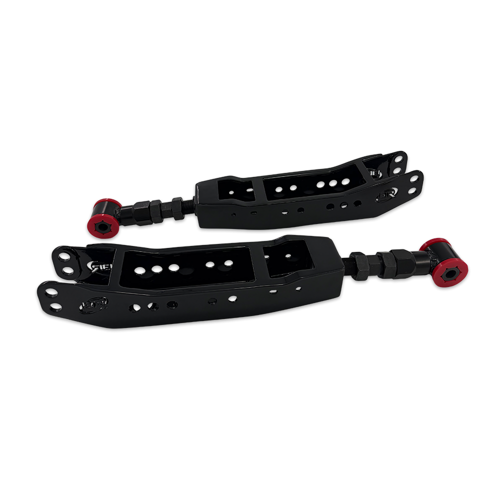 BLOX Racing rear lower control arms for 86, FR-S, BRZ, WRX, and STi, showcasing black suspension components.