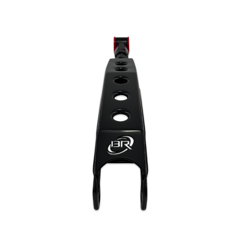 BLOX Racing rear lower control arms for 86, FR-S, BRZ, WRX, and STi suspension, shown with black finish and updated design.