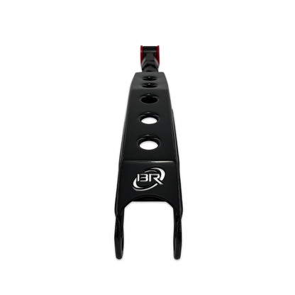 BLOX Racing rear lower control arms for 86, FR-S, BRZ, WRX, and STi suspension, shown with black finish and updated design.