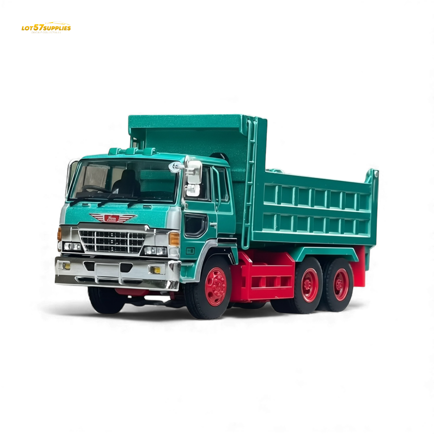 Green Hino Super Dolphin dump truck diecast model in 1:64 scale, detailed miniature from Lot57Supplies Diecast Shop.