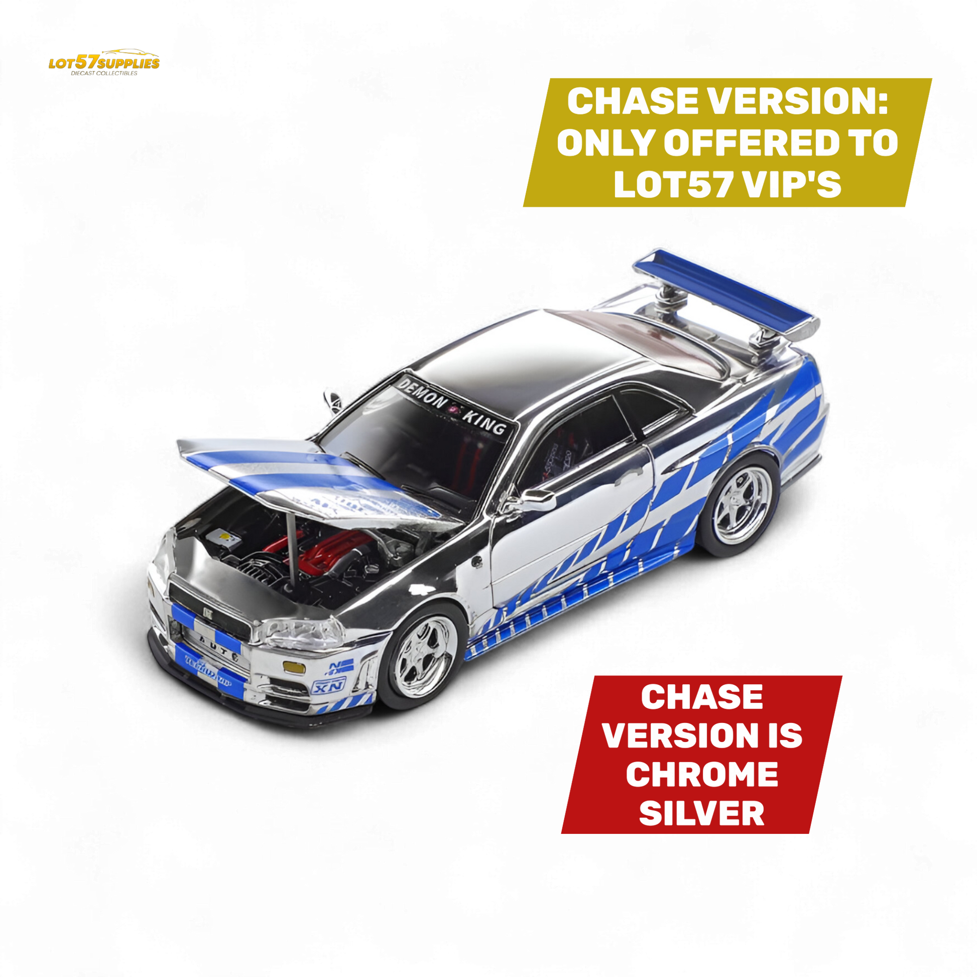 Detailed Nissan Skyline GT-R R34 Z-Tune diecast model by Lot57Supplies, showcasing its sleek design and vibrant color details.