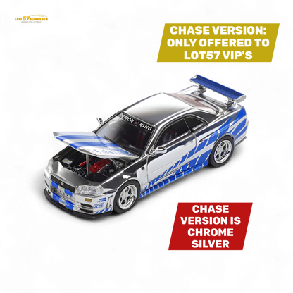 Detailed Nissan Skyline GT-R R34 Z-Tune diecast model by Lot57Supplies, showcasing its sleek design and vibrant color details.