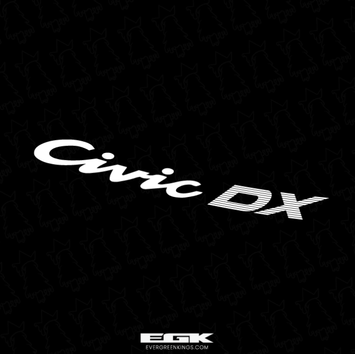 Honda Civic DX rear badge decal for 92-95 EG models, featuring Evergreen Kings branding and a sleek, black design.