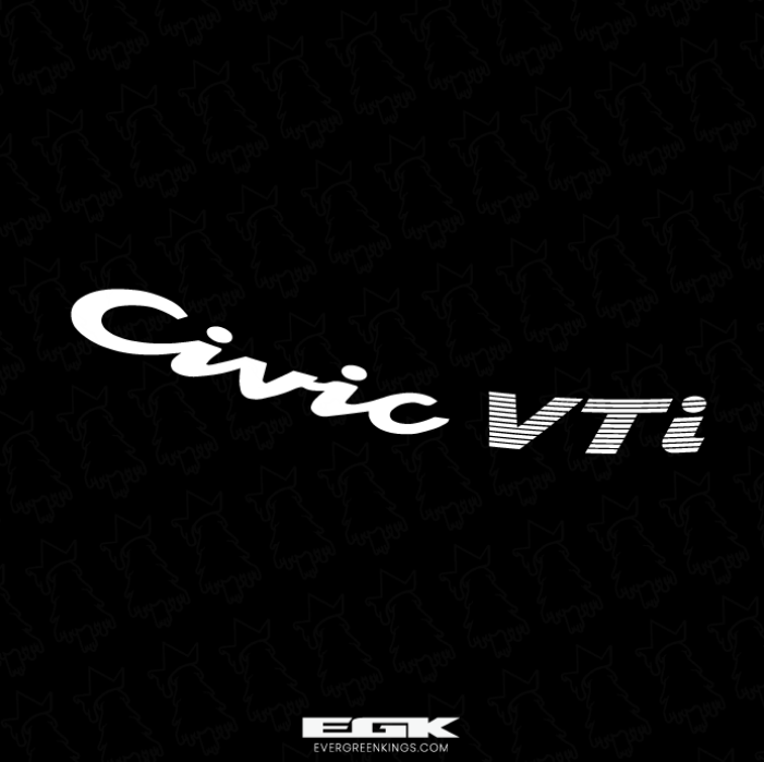 Honda Civic VTi rear badge decal for 92-95 EG hatchback, from Evergreen Kings, featuring black and silver lettering.