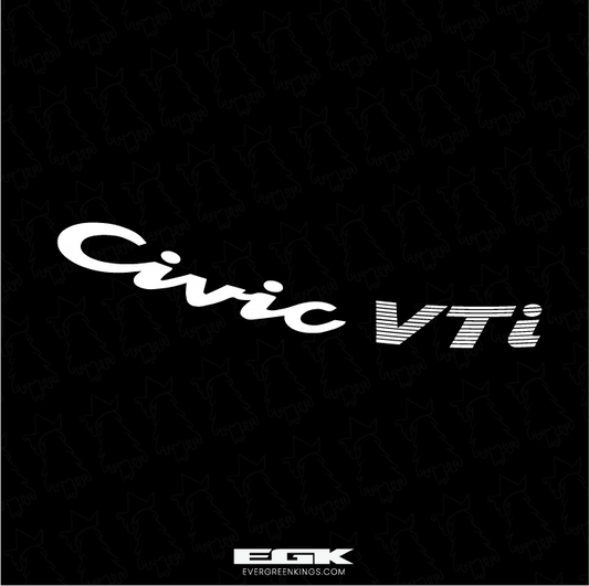 Honda Civic VTi rear badge decal for 92-95 EG hatchback, from Evergreen Kings, featuring black and silver lettering.
