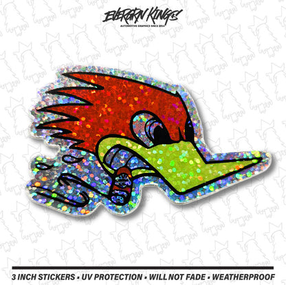 Clay Smith Cams vintage glitter sticker set with left and right 3-inch stickers, featuring colorful, retro-inspired designs by Evergreen Kings.