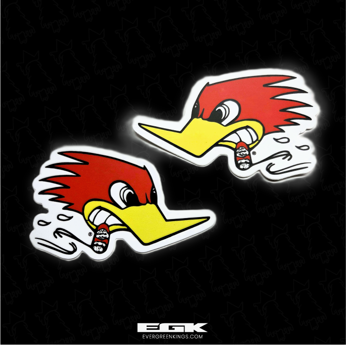 Set of two 4-inch Clay Smith Cams Woodpecker stickers by Evergreen Kings, featuring detailed black and white woodpecker designs.