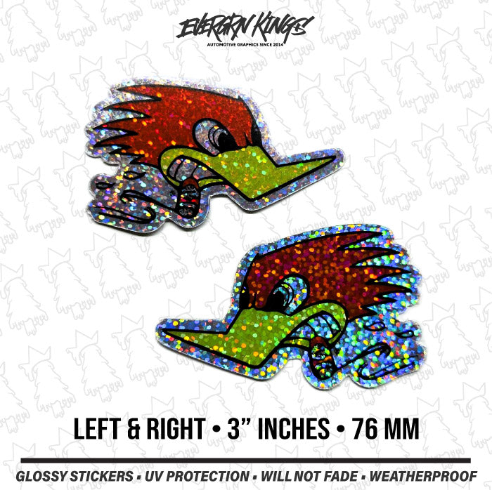Clay Smith Cams glitter sticker set featuring vintage-style left and right motorcycle decals, 3 inches, by Evergreen Kings.