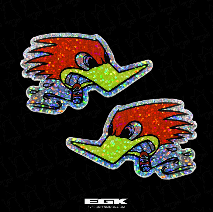 Set of Clay Smith Cams glitter stickers in 3-inch size, featuring left and right designs, by Evergreen Kings.