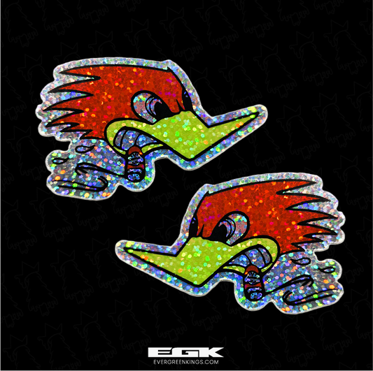 Set of Clay Smith Cams glitter stickers in 3-inch size, featuring left and right designs, by Evergreen Kings.