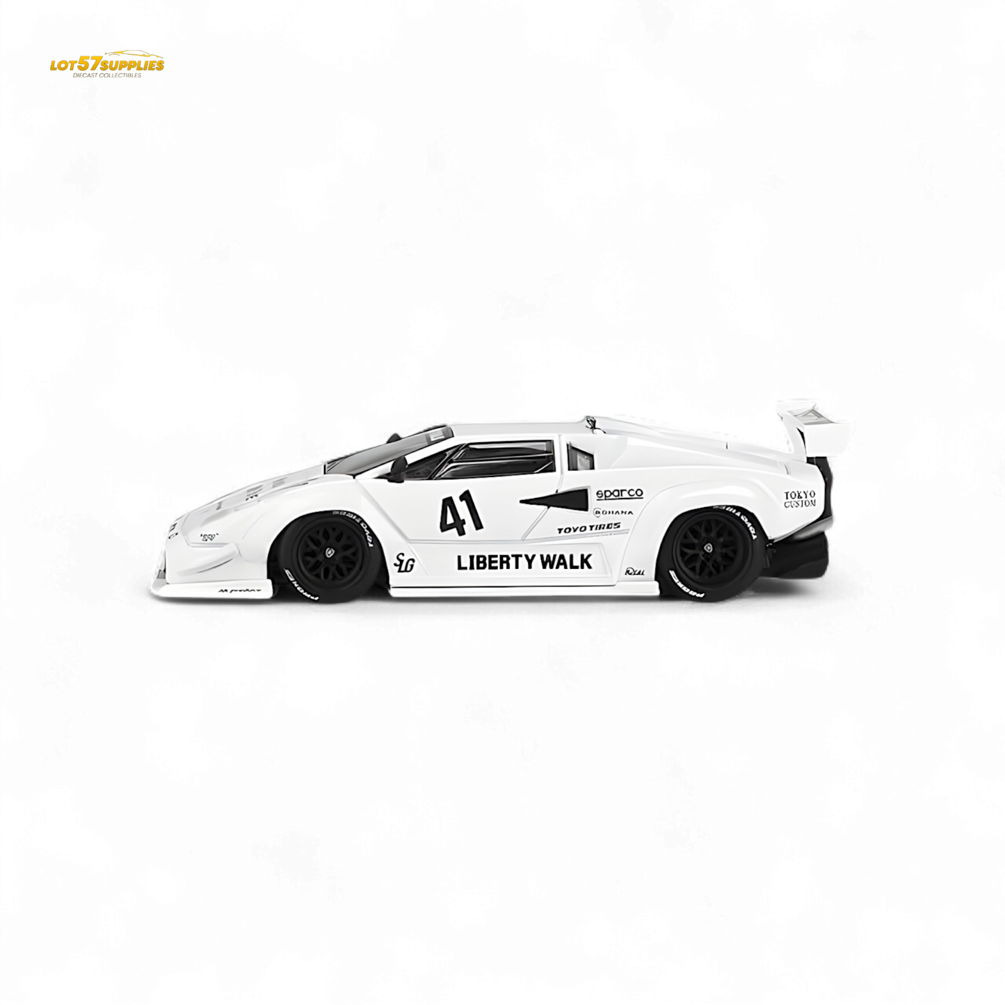 White Mini-GT Lamborghini Countach LB-WORKS diecast model in 1:64 scale, detailed white Lamborghini toy car on a plain background.