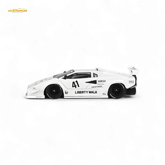 White Mini-GT Lamborghini Countach LB-WORKS diecast model in 1:64 scale, detailed white Lamborghini toy car on a plain background.