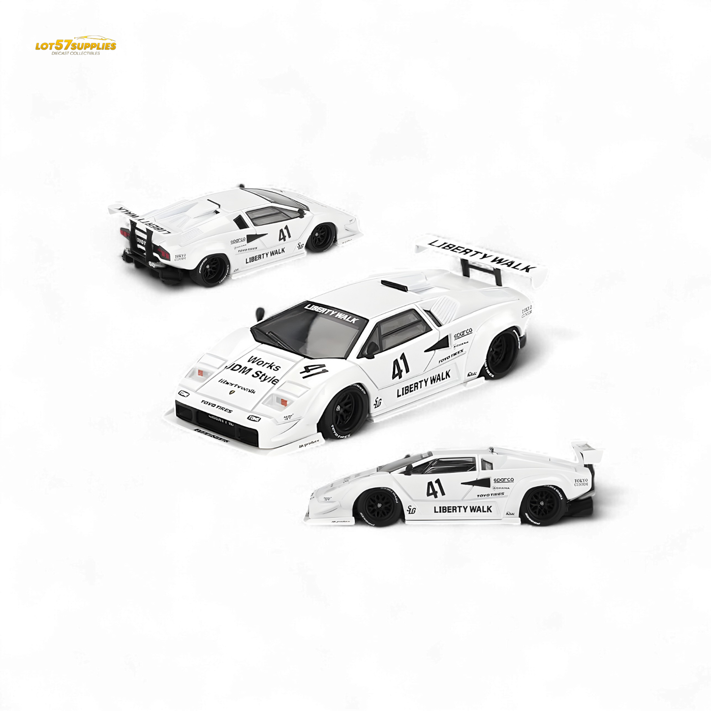 White Mini-GT Lamborghini Countach LB-WORKS diecast model in 1:64 scale, detailed exterior, shown from a side angle.