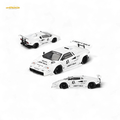 White Mini-GT Lamborghini Countach LB-WORKS diecast model in 1:64 scale, detailed exterior, shown from a side angle.