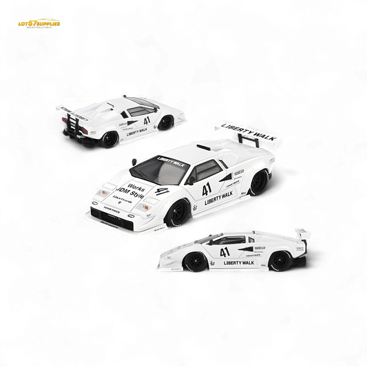 White Mini-GT Lamborghini Countach LB-WORKS diecast model in 1:64 scale, detailed exterior, shown from a side angle.