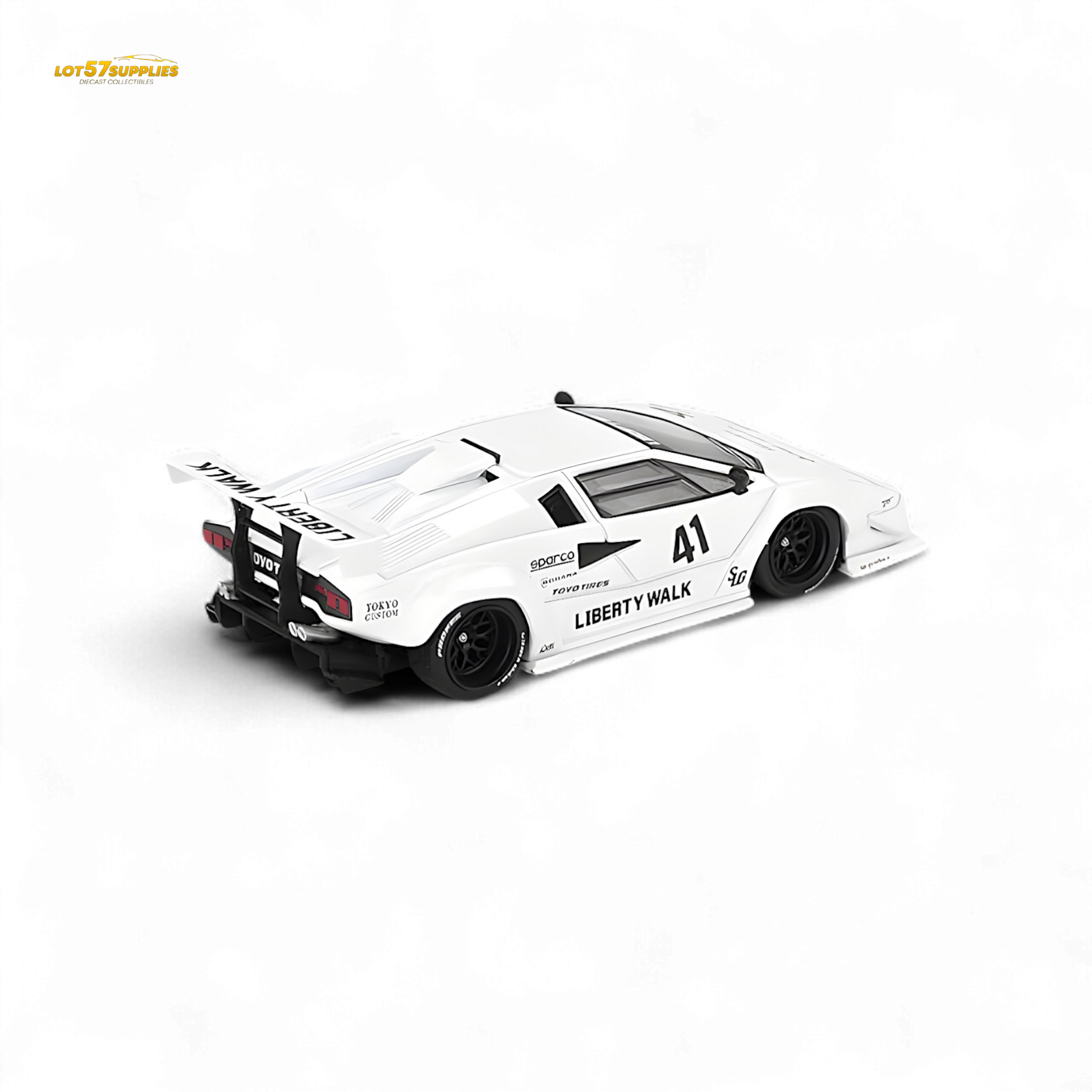 White Mini-GT Lamborghini Countach LB-WORKS diecast model in 1:64 scale, detailed exterior with sleek design, displayed on a neutral background.