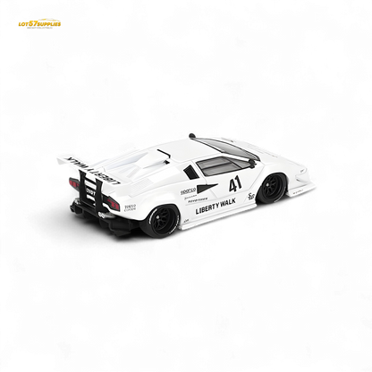 White Mini-GT Lamborghini Countach LB-WORKS diecast model in 1:64 scale, detailed exterior with sleek design, displayed on a neutral background.
