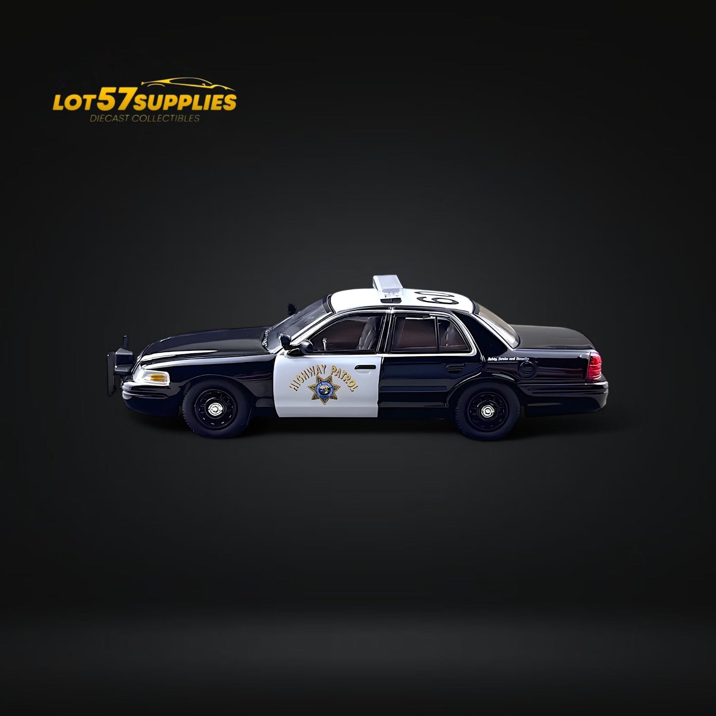 Diecast Ford Crown Victoria California State Police car in 1:64 scale by Lot57Supplies Diecast Shop, detailed police vehicle model.