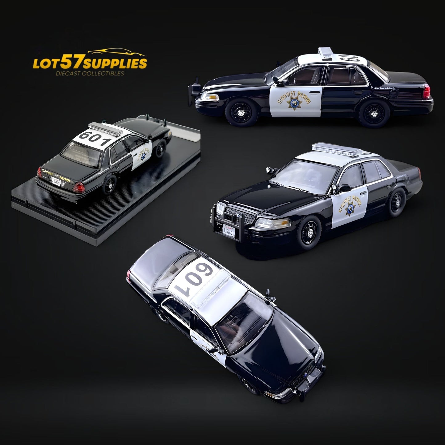 Detailed 1:64 scale Ford Crown Victoria police car model by Lot57Supplies Diecast Shop, representing California State Police.
