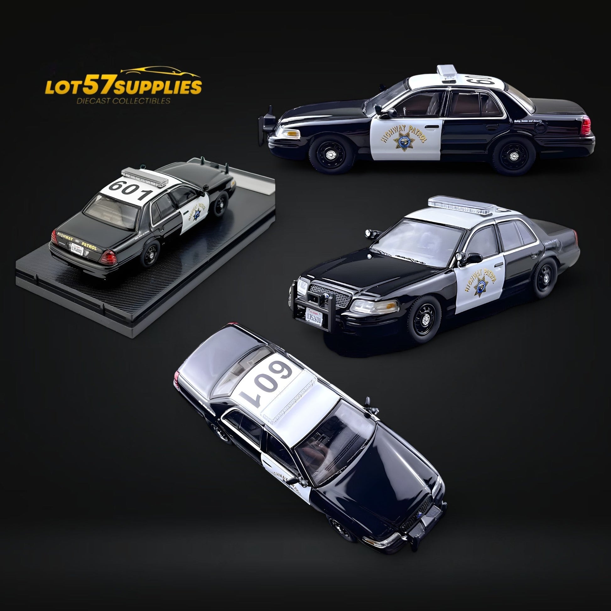 Detailed 1:64 scale Ford Crown Victoria police car model by Lot57Supplies Diecast Shop, representing California State Police.