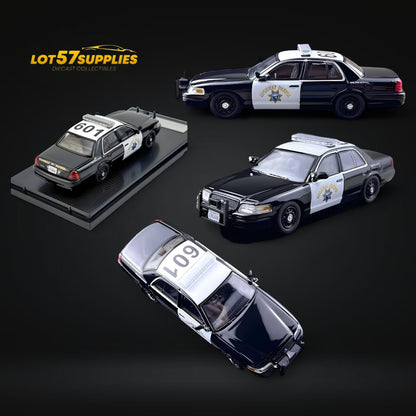 Detailed 1:64 scale Ford Crown Victoria police car model by Lot57Supplies Diecast Shop, representing California State Police.