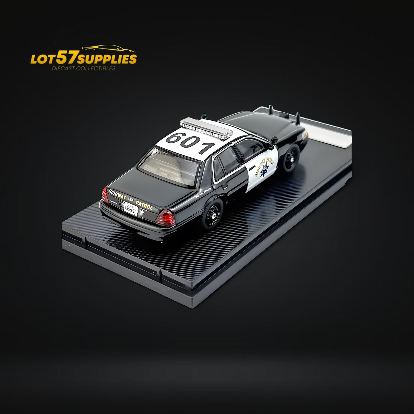 Diecast Ford Crown Victoria California State Police car in 1:64 scale by Lot57Supplies, detailed police vehicle model.