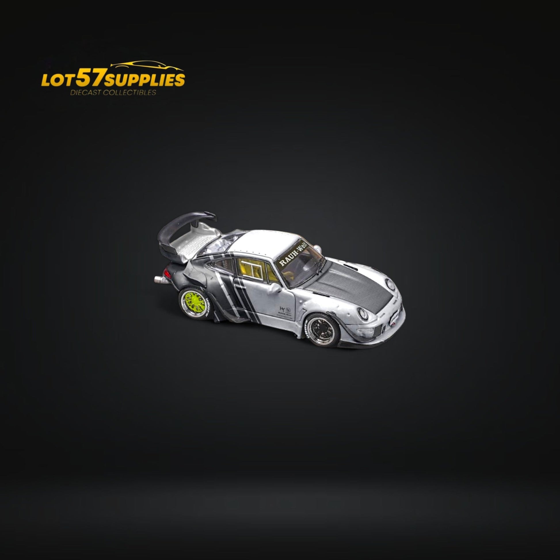Diecast model of a Porsche RWB 993 GT wing in 1:64 scale by Lot57Supplies, showing detailed design and branding.