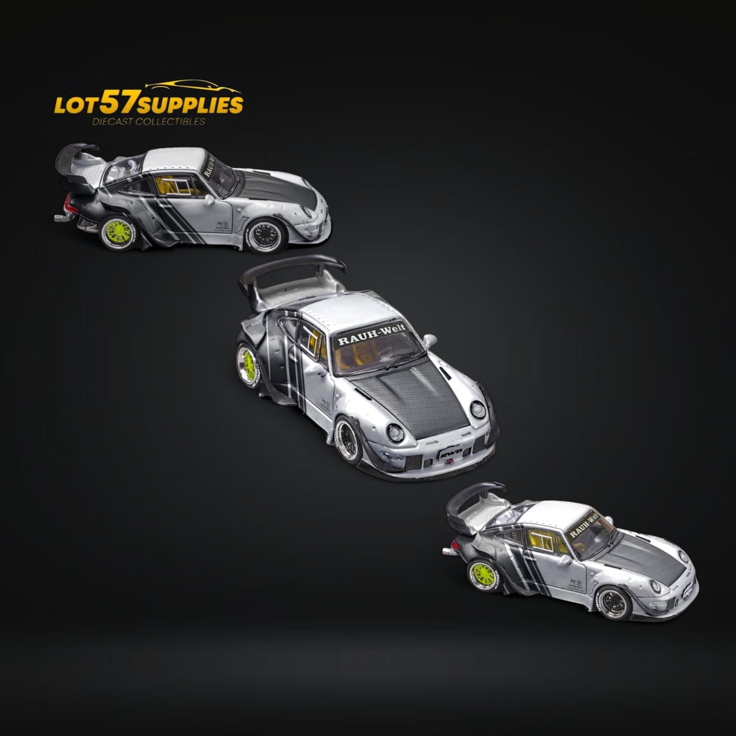 Diecast model of a Porsche RWB 993 GT wing in 1:64 scale, featuring detailed design and authentic Porsche branding.