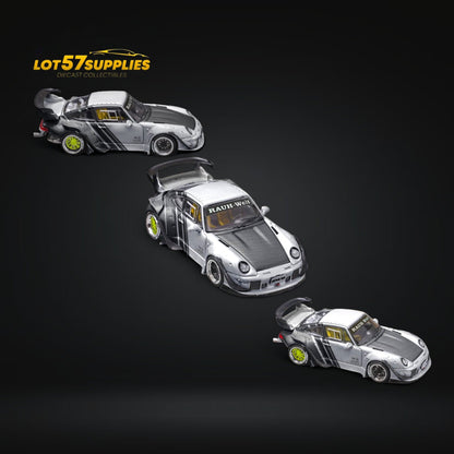 Diecast model of a Porsche RWB 993 GT wing in 1:64 scale, featuring detailed design and authentic Porsche branding.