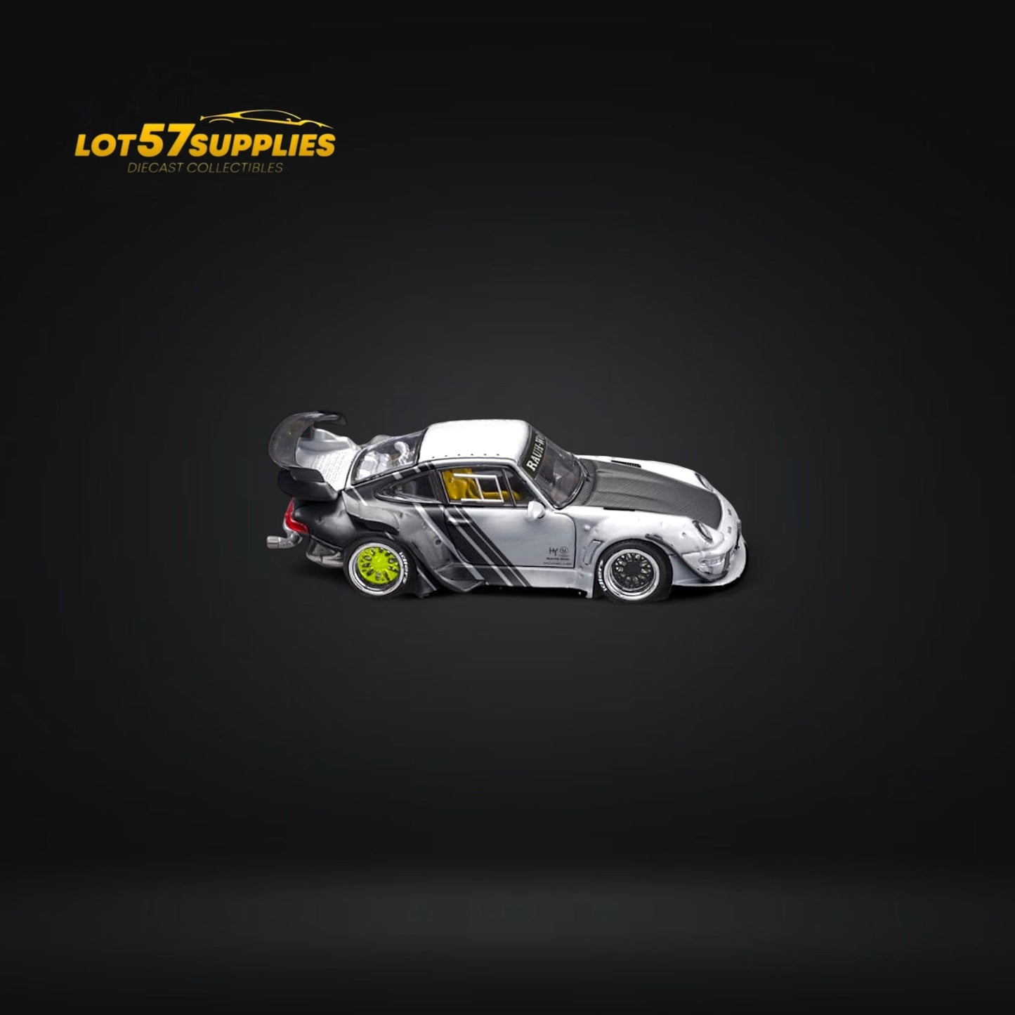 Diecast Porsche RWB 993 GT wing model in 1:64 scale, featuring detailed design and vibrant paint from Lot57Supplies Diecast Shop.