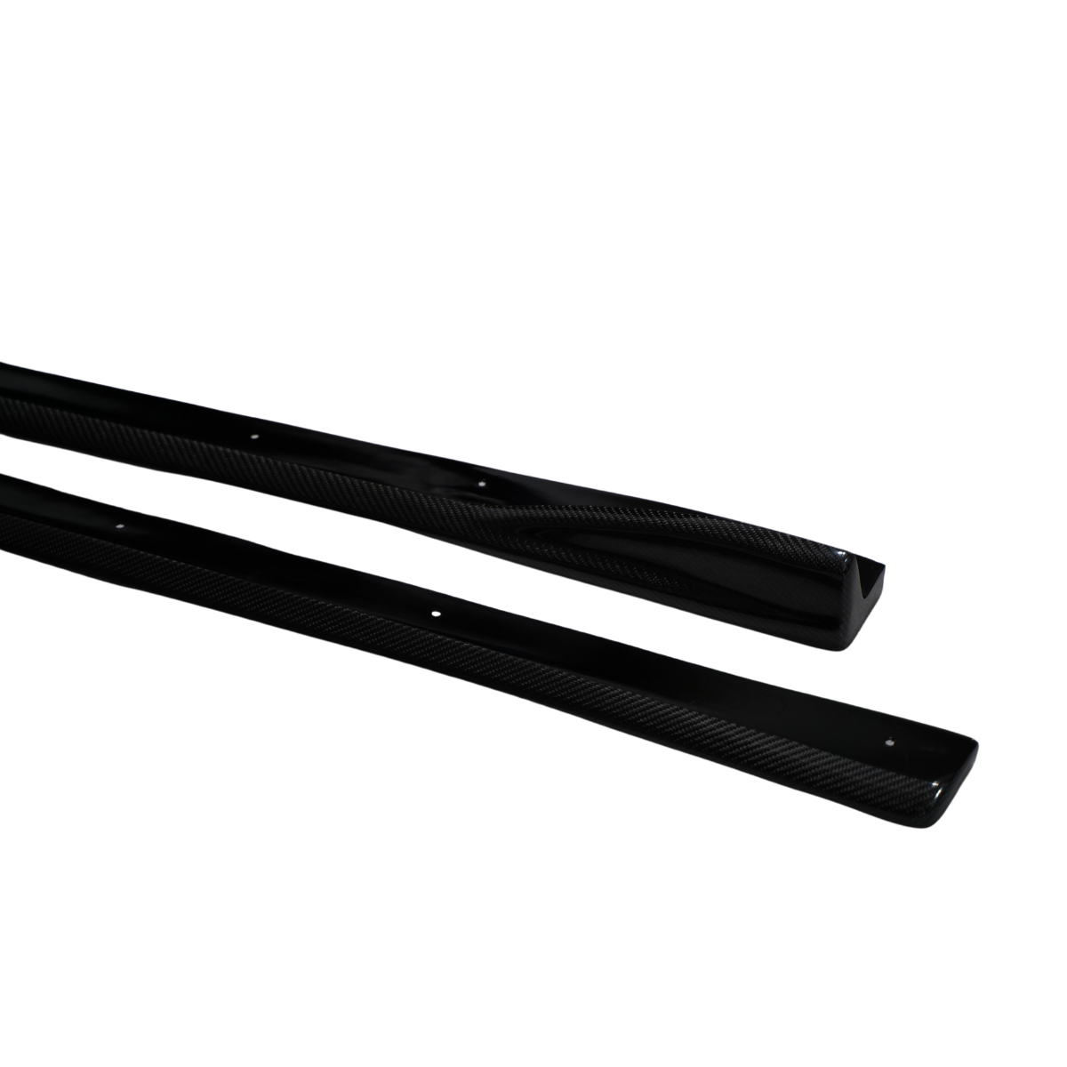 JDMuscle 08-14 Subaru WRX/STI Tanso carbon fiber CS style side skirts installed on vehicle, showcasing aerodynamic design and finish.