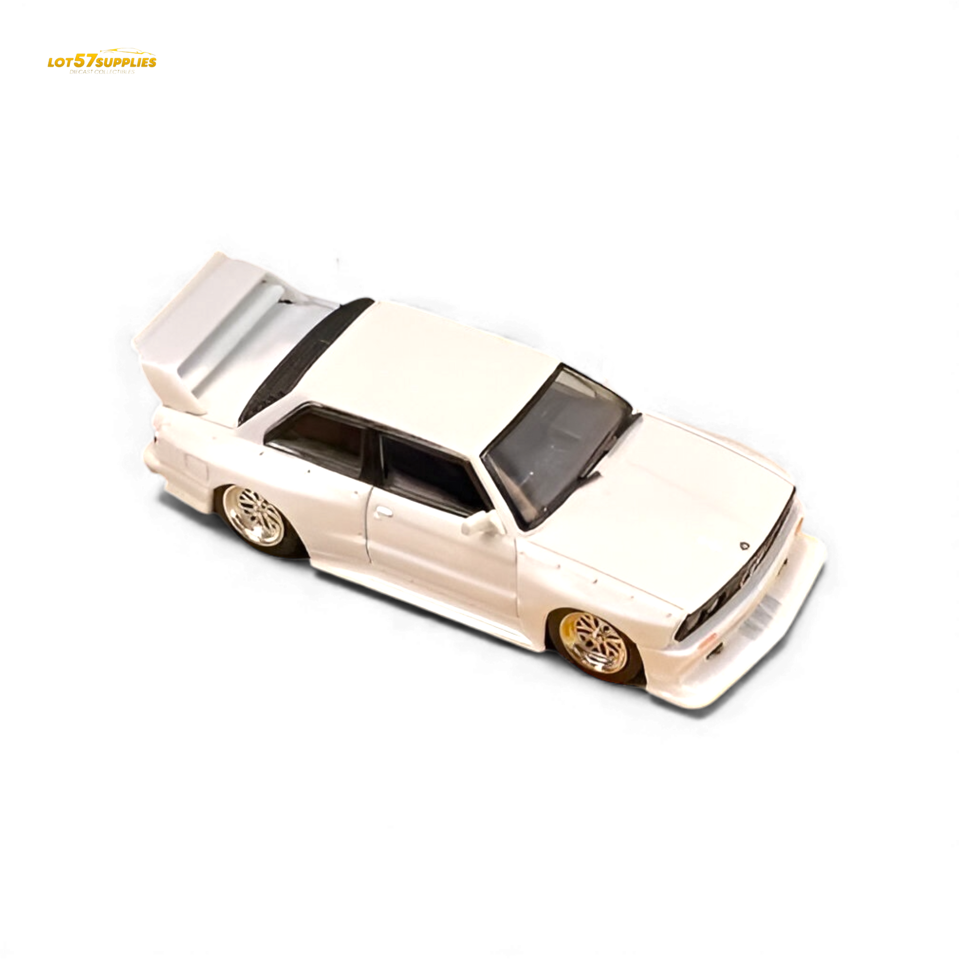 White 1:64 scale SW BMW E30 M3 LTO diecast model car from Lot57Supplies Diecast Shop, detailed miniature vehicle.