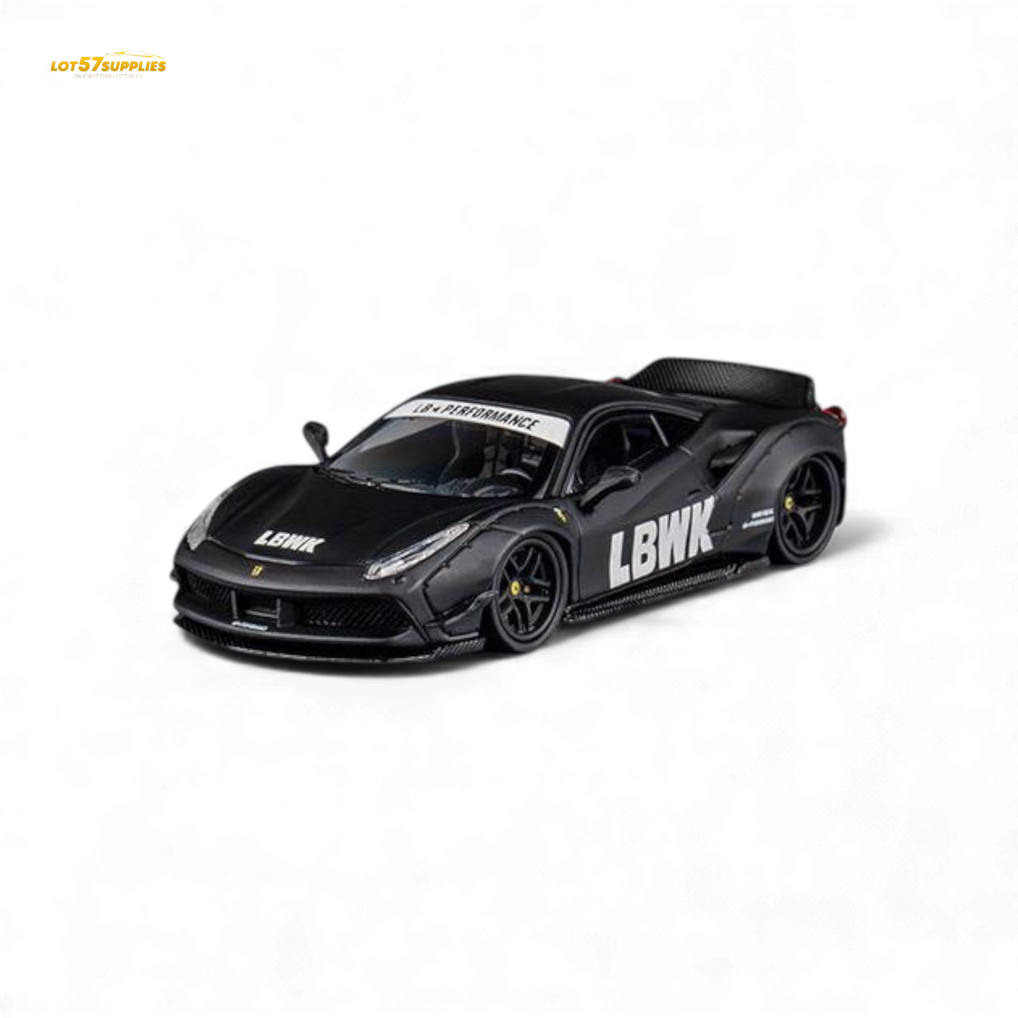 Black Ferrari 488 LB Works diecast model in 1:64 scale, detailed miniature car from Lot57Supplies Diecast Shop.