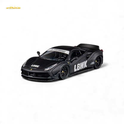 Black Ferrari 488 LB Works diecast model in 1:64 scale, detailed miniature car from Lot57Supplies Diecast Shop.